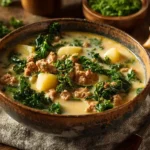 Tuscan Sausage and Kale Soup in a rustic bowl
