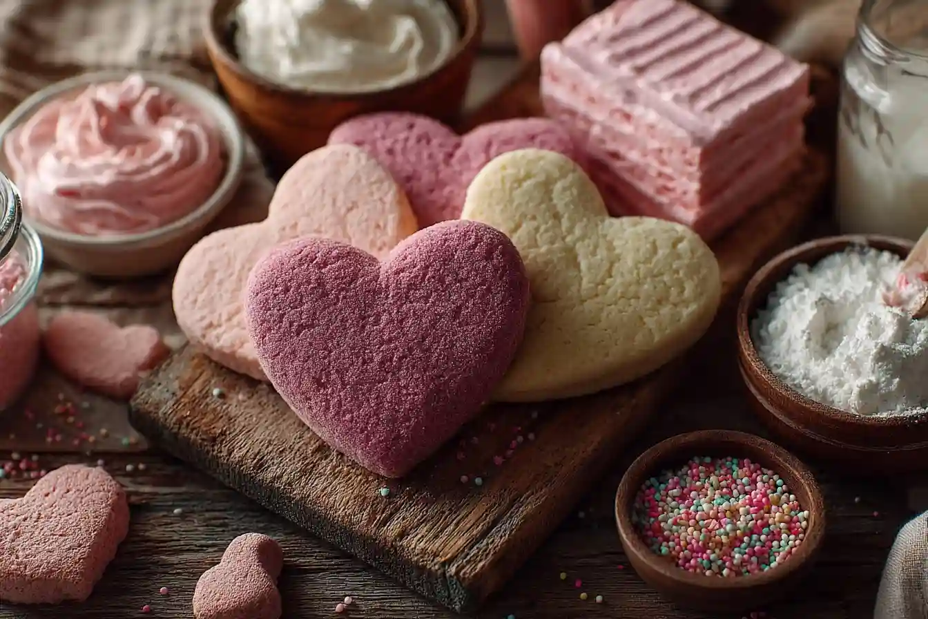 overhead view of valentine’s day treat preparation process