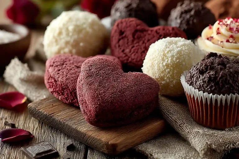 overhead assortment of valentine’s day treats with cookies cupcakes and truffles