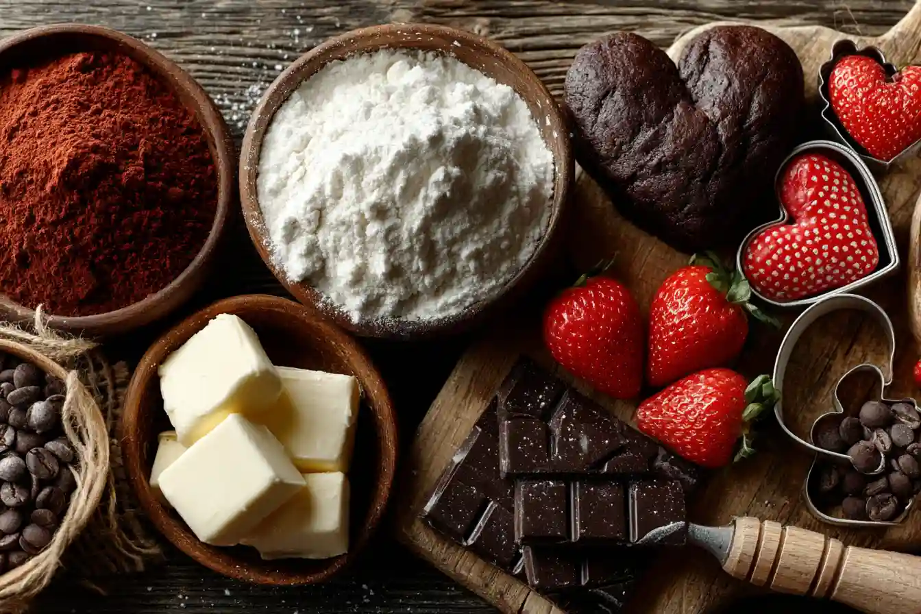 overhead flat lay of baking ingredients for valentine’s day treats