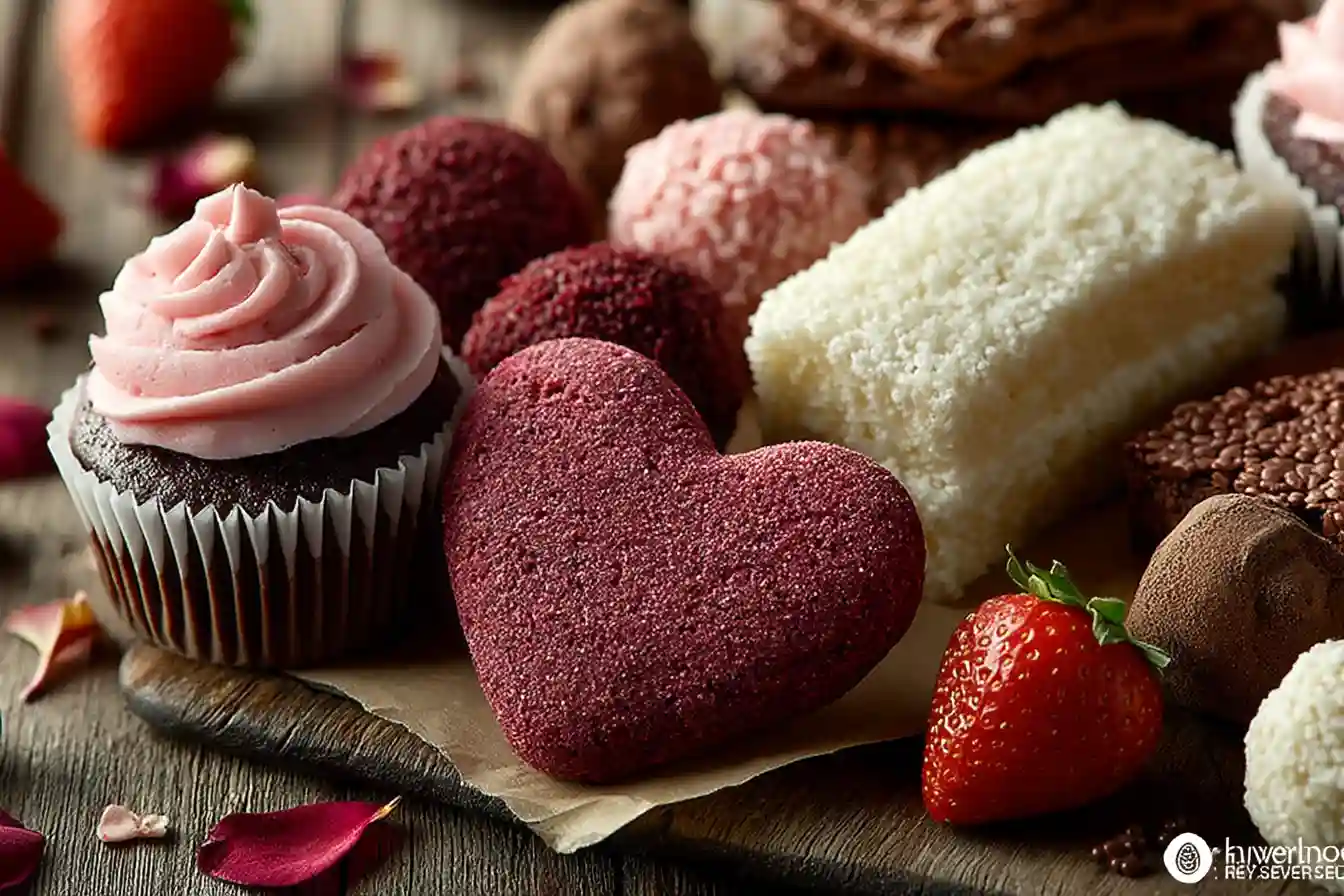 overhead serving setup of valentine’s day desserts on plate
