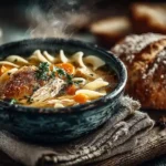 Bowl of vegan chicken noodle soup served with bread