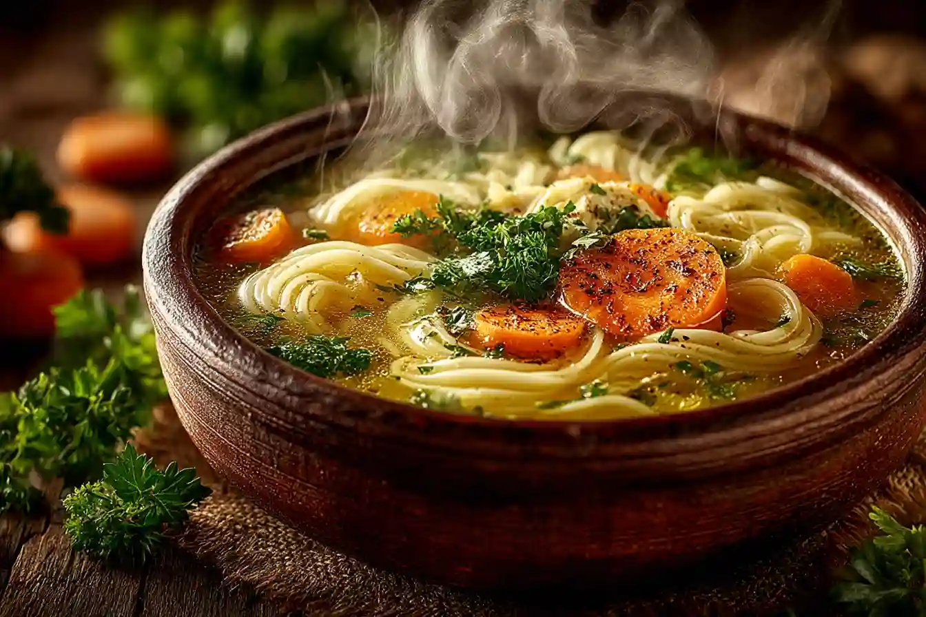 Vegan Chicken Noodle Soup in a rustic bowl with vegetables