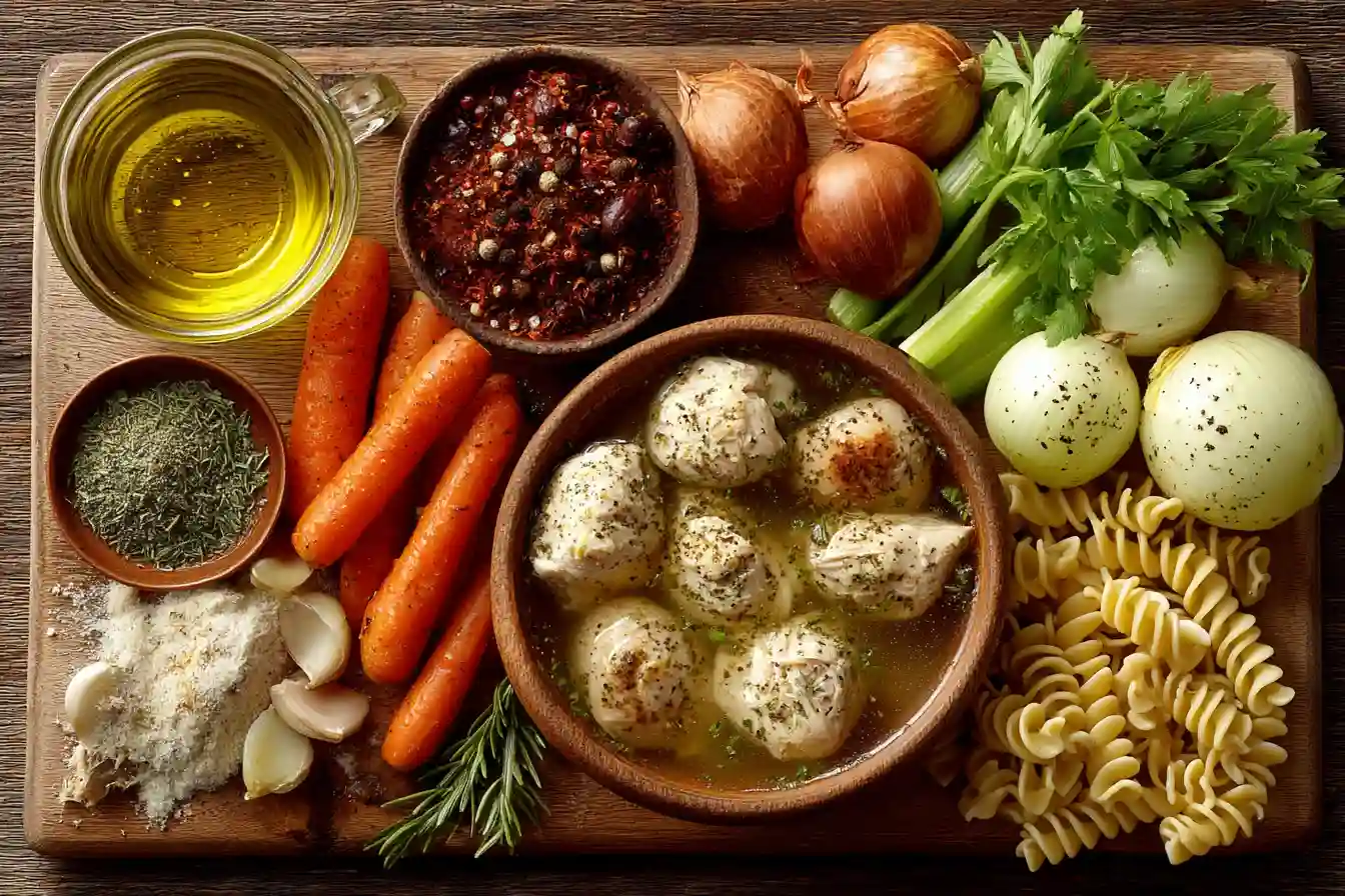 Vegan chicken noodle soup ingredients arranged on a wooden surface