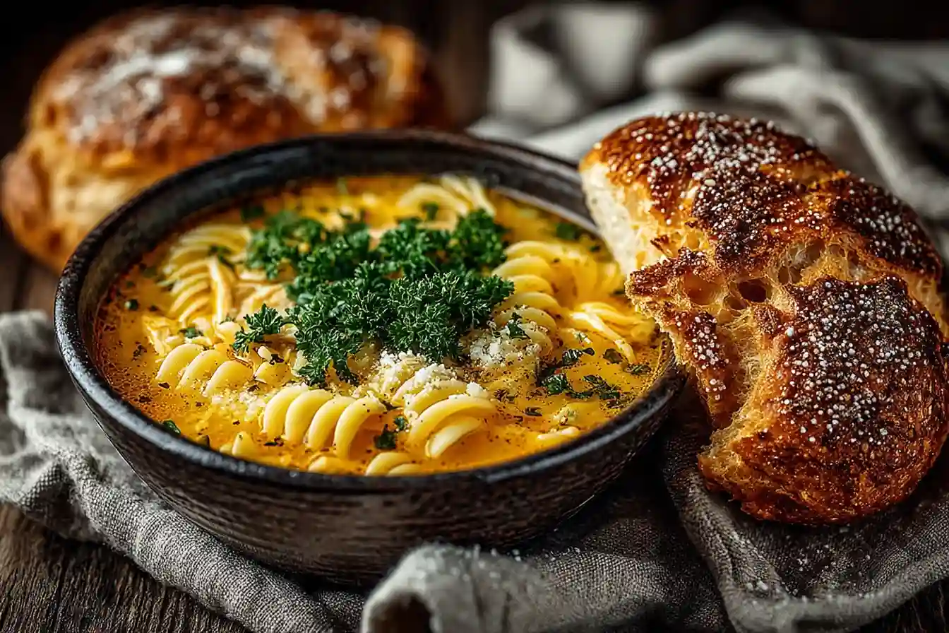 Bowl of vegan chicken noodle soup served with bread