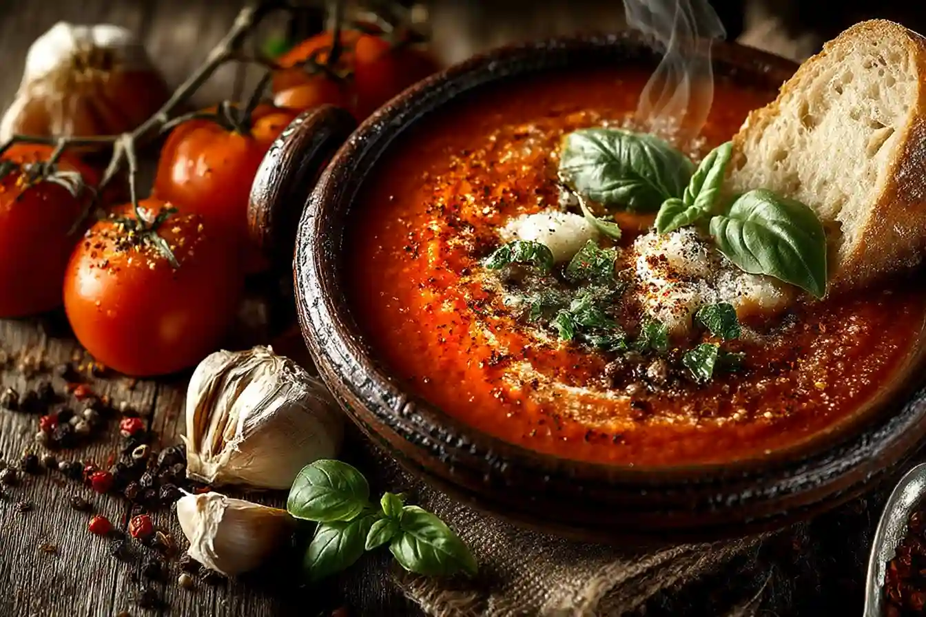 vegan roasted tomato soup in rustic bowl