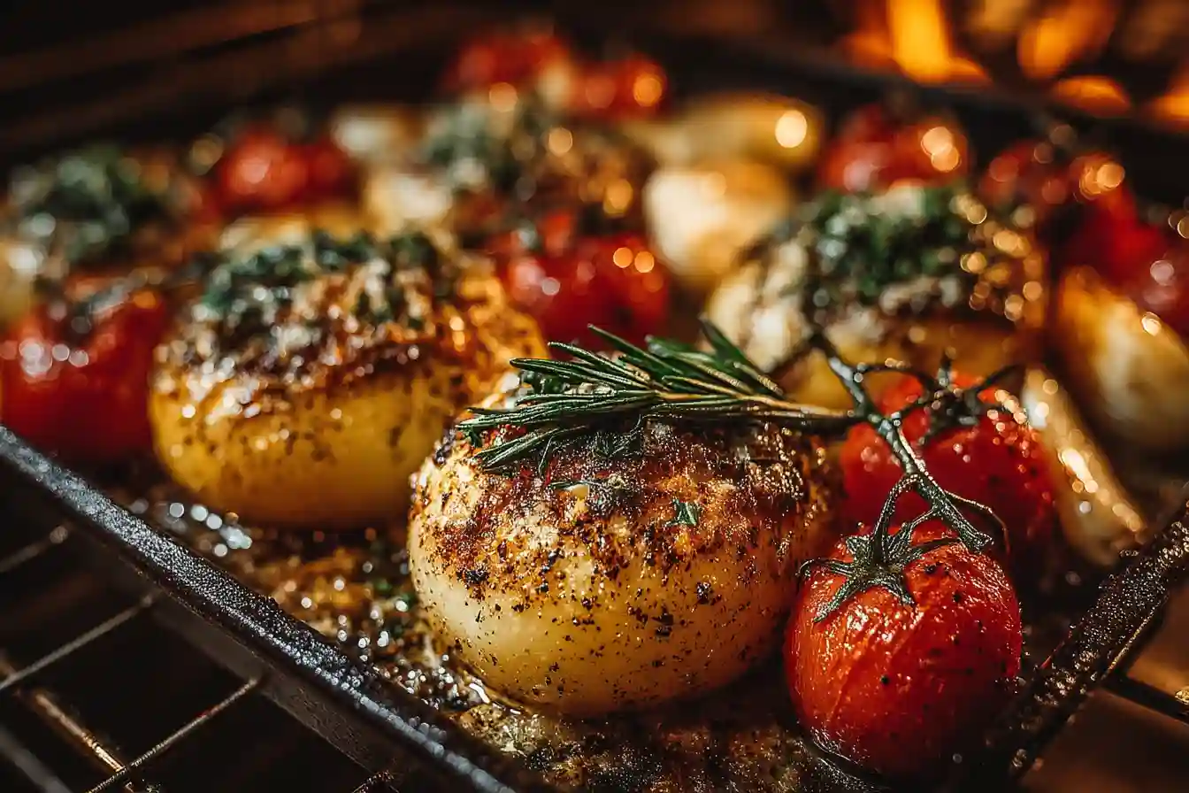 vegan roasted tomato soup ingredients on wooden board