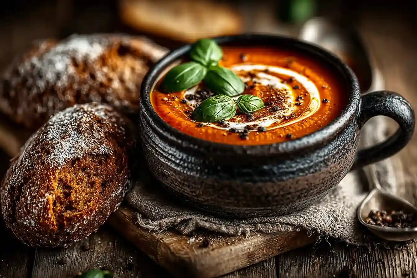 vegan roasted tomato soup served with bread and basil