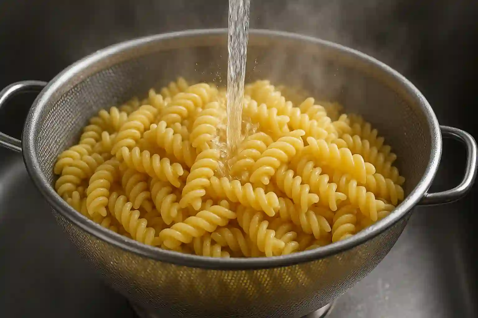 Rinsing cooked rotini pasta for salad