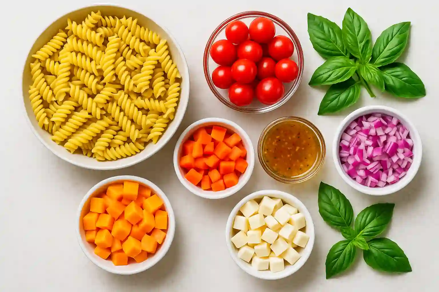 Rotini pasta salad ingredients on counter