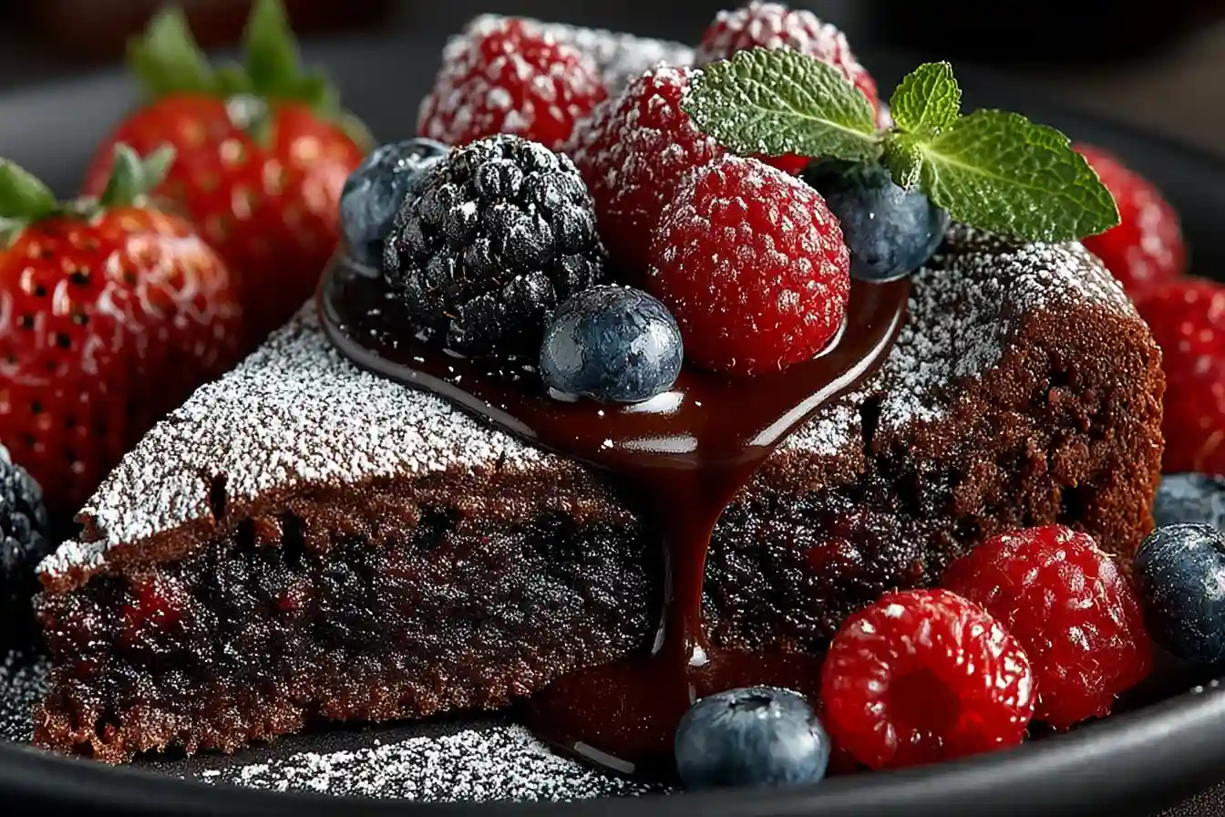 Slice of gluten free chocolate cake served with berries and powdered sugar