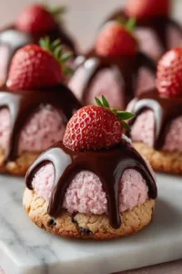 Chocolate Covered Strawberry Cookies with glossy chocolate dip