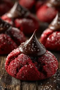 Easy Hershey’s Red Velvet Blossoms Cookies on wooden tray