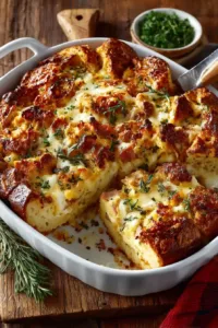Overhead shot of golden-brown ham and cheese breakfast strata in a white ceramic dish