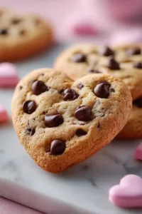 Heart Shaped Chocolate Chip Cookies on white marble background