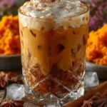 Iced Pumpkin Chai Latte with whipped cream and cinnamon on a rustic table