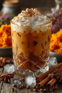 Iced Pumpkin Chai Latte with whipped cream and cinnamon on a rustic table