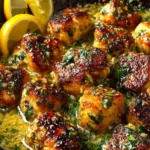 Lemon Garlic Chicken Bites in skillet with lemon butter garlic sauce
