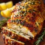 Oven Baked Chicken Breast sliced and served with lemon and herbs