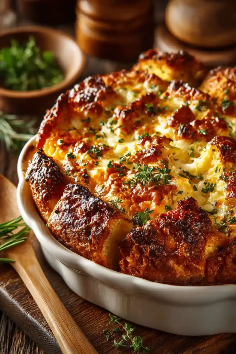 Overnight breakfast casserole with bread baked golden and topped with cheese