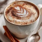 Starbucks Copycat Chai Tea Latte on marble café table with cinnamon and foam art