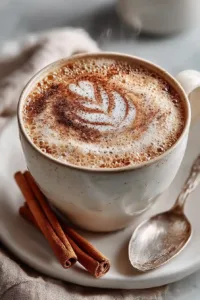 Starbucks Copycat Chai Tea Latte on marble café table with cinnamon and foam art
