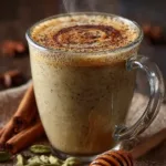 Vanilla Chai Tea Latte on wooden table with cinnamon and honey
