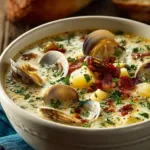 Creamy New England Clam Chowder Recipe in white bowl