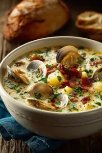 Creamy New England Clam Chowder Recipe in white bowl