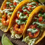 Spicy Shrimp Tacos with Avocado Crema served in corn tortillas