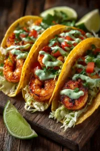 Spicy Shrimp Tacos with Avocado Crema served in corn tortillas