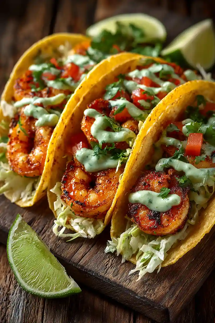 Spicy Shrimp Tacos with Avocado Crema served in corn tortillas