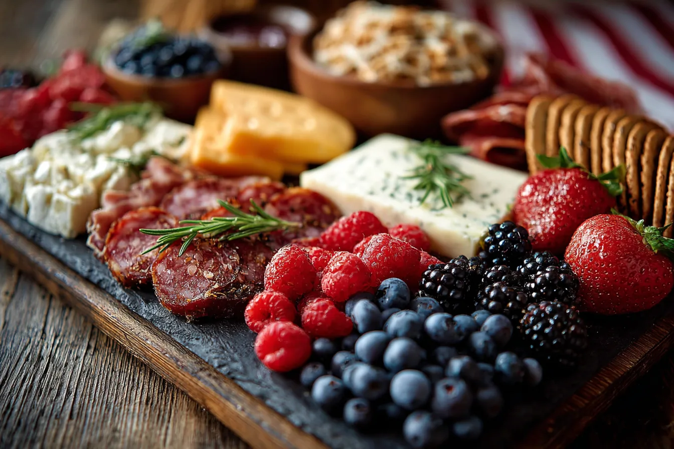 Patriotic Charcuterie Board with Red White Blue Snacks