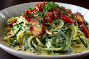 Creamy Pesto Zucchini Noodles (Healthy Low Carb Meal)