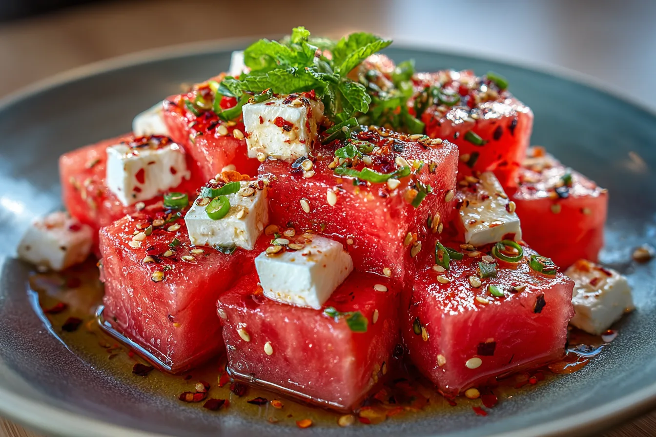 Spicy Watermelon Feta Salad with Chili Flakes