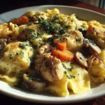 Instant Pot Chicken and Dumplings with Biscuit Topping and Creamy Broth