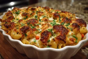 Chicken Pot Pie Pasta Bake with Creamy Filling and Peas