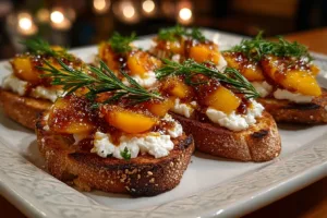Hot Honey Peach Burrata Crostini