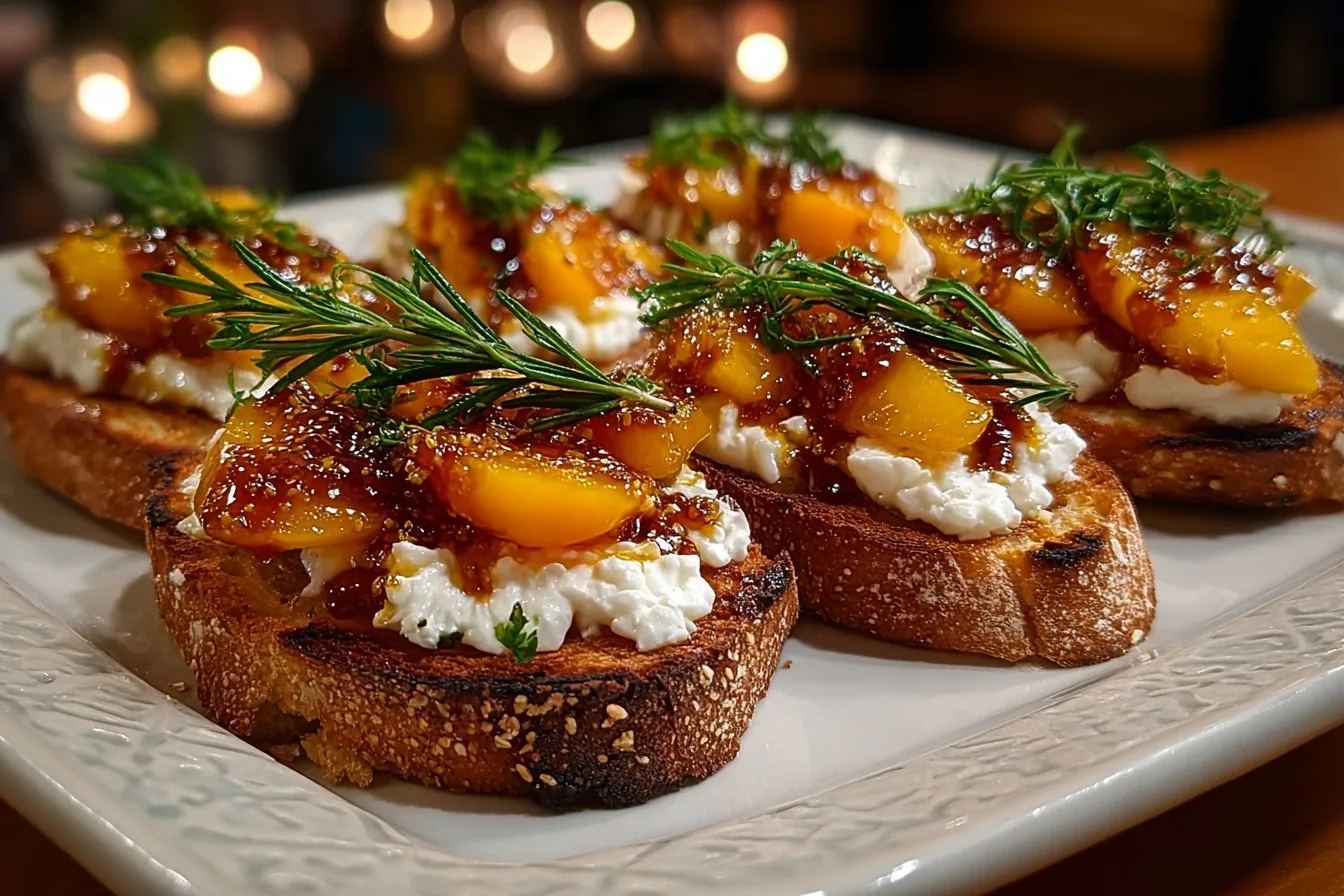 Hot Honey Peach Burrata Crostini