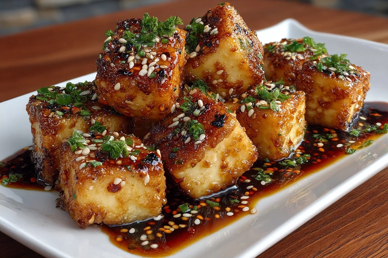 Crispy Air Fryer Tofu with Garlic Sauce